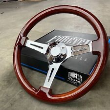 15 Inch Chrome Polished Steering Wheel Dark Wood 3-Spoke with Chrome Horn Button picture