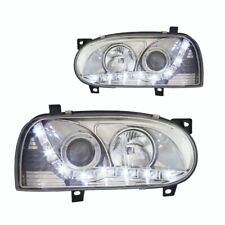 Chrome LED Headlights For 1993-1998 VW Golf 3 MK3 DRL Projector Headlamps Pair picture