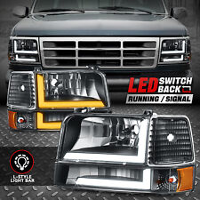 [Switchback L-LED DRL] For 92-96 Ford F150-F350 Bronco Headlights Black/Amber picture