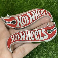 2Pcs 3D Metal Hot Wheels Fender Lid Hood Badge Hotwheels Decal Red Silver Emblem picture