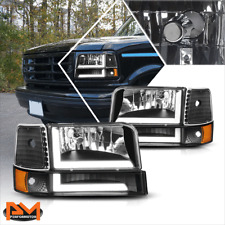 For 92-96 Ford F150-F350 6Pcs Dual L-Shape LED DRL Bumper Headlight Black/Amber picture