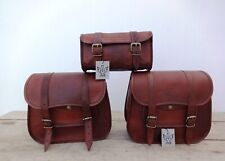 Combo Of 3 Brown Leather Bag Motorcycle Two Saddle Side Bag  Front Tool Bag New picture