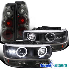 Fits 99-02 Silverado LED Halo Headlight Black+Bumper Lamp+Smoke Tail Brake Light picture
