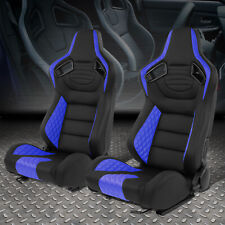 Pair Universal Black & Blue Vinyl Adjustable Reclinable Racing Seats w/ Sliders picture