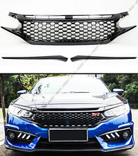 3 PCS GLOSSY BLACK JDM 3D FRONT HOOD MESH GRILLE FOR 16-2021 HONDA CIVIC 10TH X picture