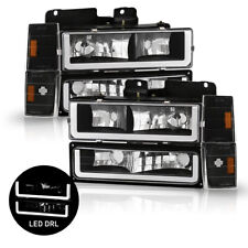 Fits 94-98 Chevy C10 C/K 1500 DRL LED Tube Black Headlights+Corner+Bumper Lamps picture