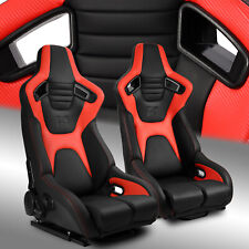 Black+Red PVC Carbon Fiber Leather Reclinable Sport Racing Seats W/Slider picture
