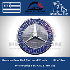 Mercedes Benz Blue & Silver Flat Front Hood Emblem AMG Badge Logo LAUREL WREATH picture