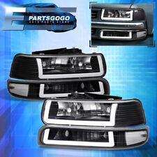 For 99-02 Chevy Silverado Tahoe LED DRL Black Headlights + Bumper Signal Lamps picture