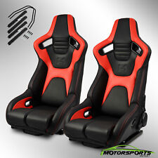 Universal Black+Red PVC Carbon Fiber Leather Reclinable Racing Seats Pair picture