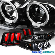 Fits 99-04 Mustang Polished Black LED Halo Projector Headlights+Sequential Tail picture