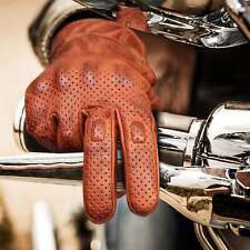 VL412Br Men's Premium Waxed Austin Brown Leather Perforated Motorcycle Gloves picture