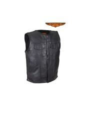 Mens Leather Motorcycle Vest No Collar Concealed Carry Gun Pockets picture