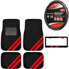 NEW 6PC DODGE Red Stripe Car Truck Black Floor Mats Steering Wheel Cover SET picture