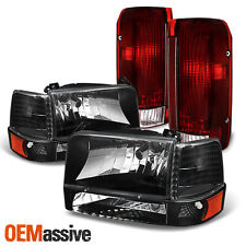 For 1992-96 Ford F150 F250 F350 Bronco Black Headlights+Dark Red Tail Lamps Pair picture
