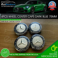 4x Mercedes Benz Wheel Center Caps Dark Blue Emblem 75MM AMG Wreath Hubcaps Set picture