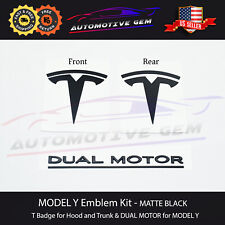 MODEL Y Front Rear Emblem T Badge DUAL MOTOR Matte Black Sticker Set for Tesla picture