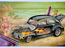 Signed Keith WEESNER poster vtg 1940 FORD Sedan Surf Hot Rod Pin-Up Bikini Beach picture