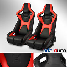 Universal Reclinable Black+Red PVC Carbon Fiber Leather Racing Seats Pair picture