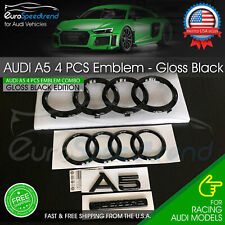 Audi A5 Front Rear Rings Emblem Gloss Black Trunk Logo Quattro Badge Set OE 4PC picture