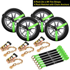 10 Pack 2”x 96” Car Carrying Ratchet Kit Tie Down Tire Straps with Chain Anchors picture