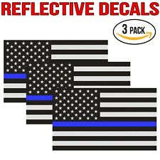  Reflective Thin Blue Line Decal - 3x5 in. American Flag Decal Police  3 PACK picture
