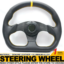 32cm BK/Yellow Flat Genuine Leather Universal Sports Racing Drift Steering Wheel picture