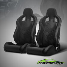 2 x Reclinable Black PVC Punching Leather Left/Right Racing Seats + Slider Pair picture