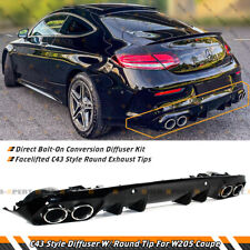 C43 STYLE BLK BUMPER DIFFUSER+CHROME ROUND EXHAUST TIPS FOR 15-21 W205 2DR COUPE picture