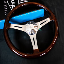 15 Inch Chrome Polished Steering Wheel Dark Wood 3-Spoke with Chevy Horn Button picture