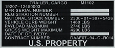 NOS M1102 USGI Military Light Trailer Data Plate Sticker Not M1101 picture