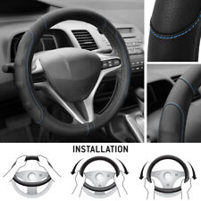 Synthetic Leather Steering Wheel Cover Black w/ Blue Stitching Sport Grip Small picture