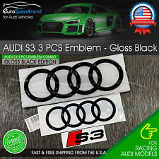 Audi S3 Front Rear Rings Emblem Gloss Black Trunk Logo Badge Combo Set OE 3PCS picture