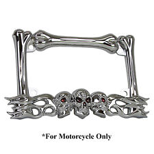 3D SKULL FLAMES BONES CHROME MOTORCYCLE LICENSE PLATE FRAME FOR UNIVERSAL picture