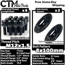 2x 10mm Thick 4x100 57.1mm CB Wheel Spacers Black 12x1.5 Ball Bolts Fit VW Audi picture