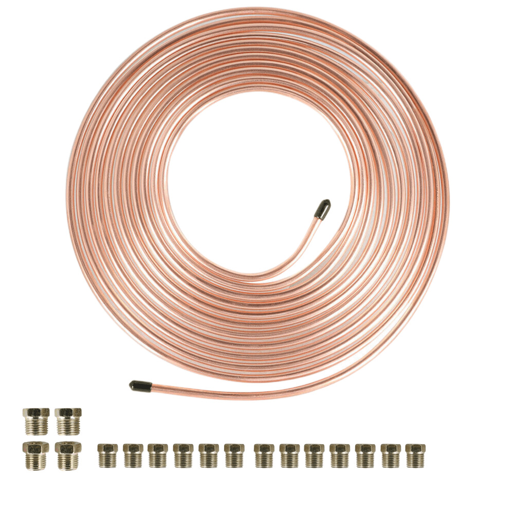 3/16 OD Copper Nickel Brake Line Tubing Kit 25 Foot Coil Roll all Size Fittings