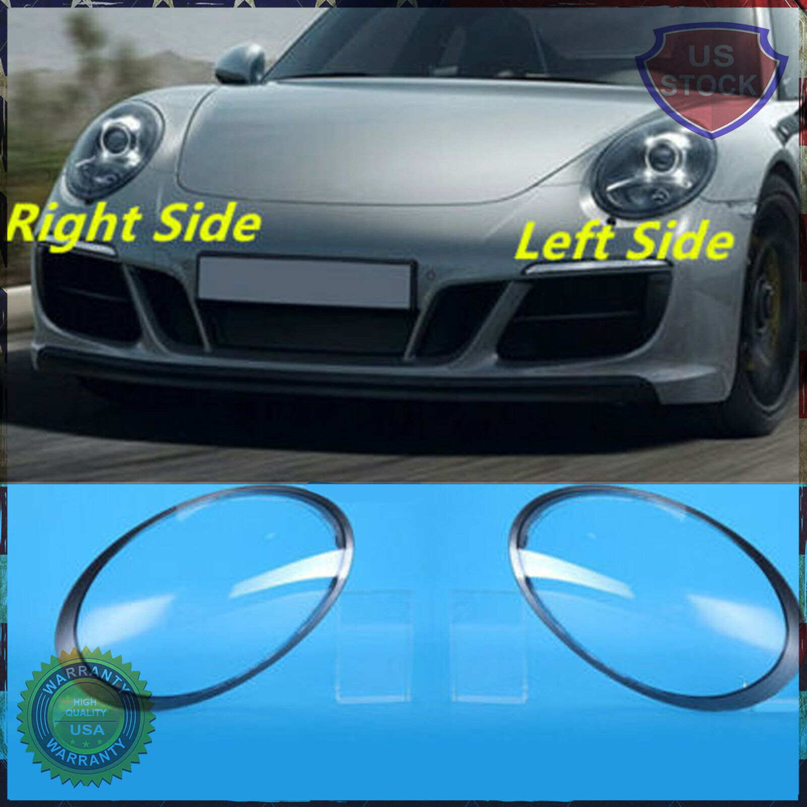 A Set Front Headlight Lens Cover +Glue For Porsche 991 911 Targa/Carrera 13-18