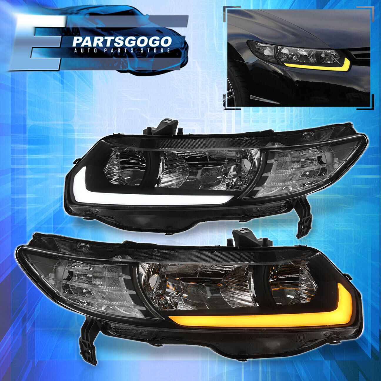For 06-11 Honda Civic FG Coupe JDM Black LED DRL Sequential Headlights Lamps Set