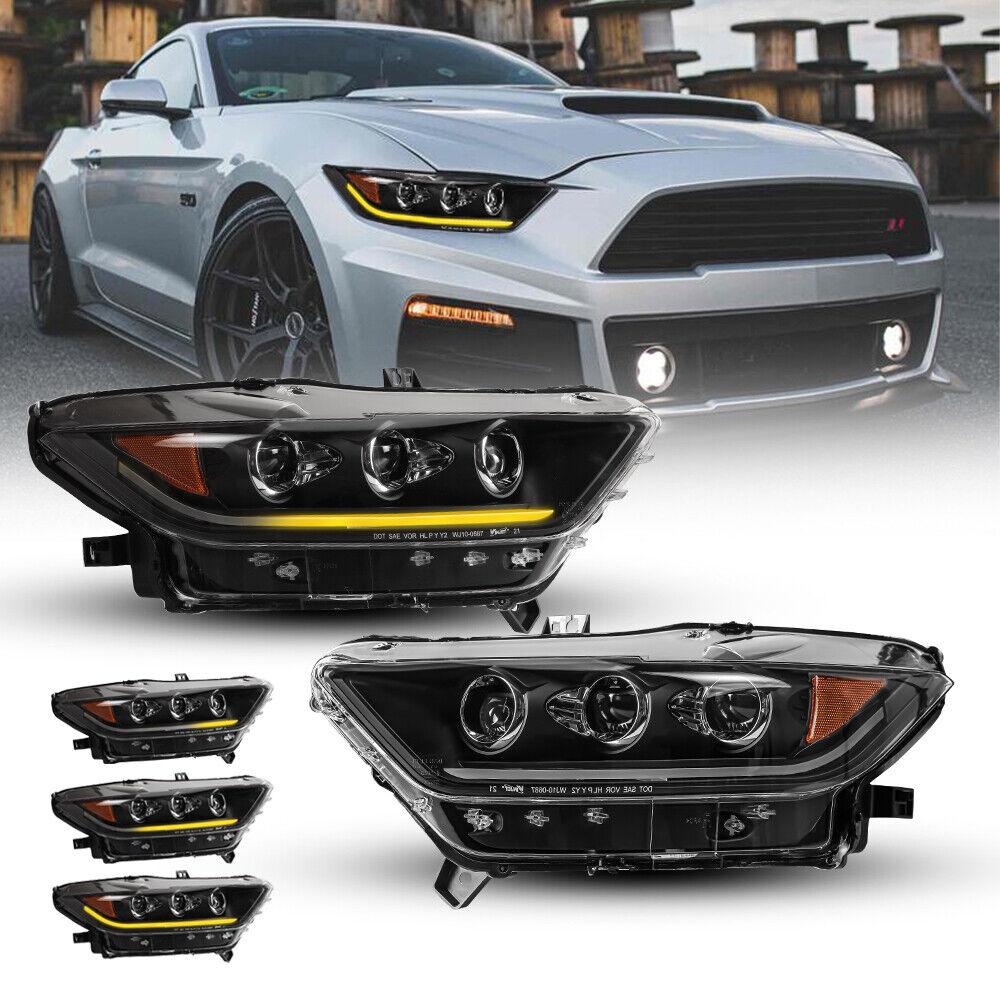 For 2015 2016 2017 Ford Mustang Headlights DRL LED Sequential Projector Headlamp