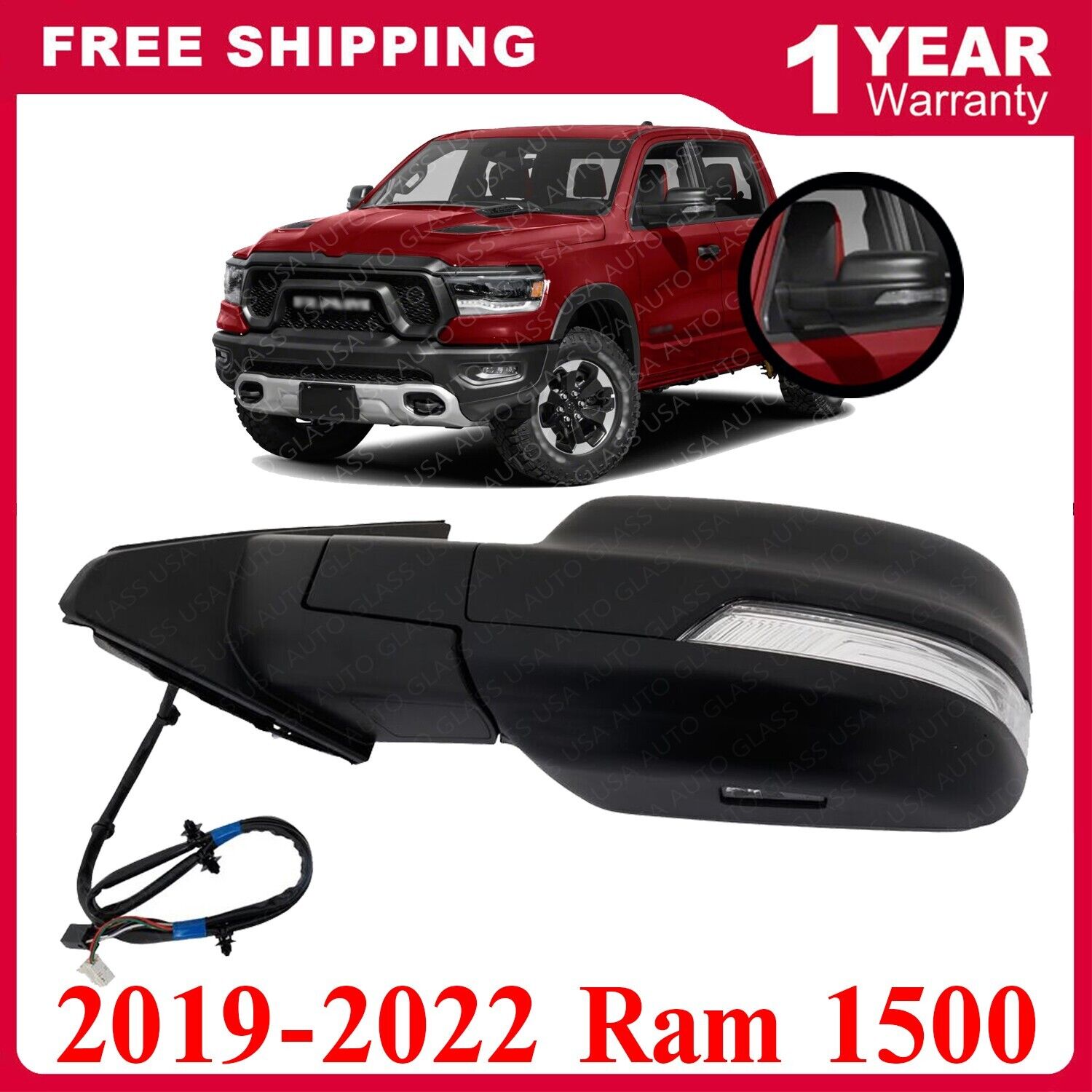 Mirror Driver Side Power Textured Black For 2019-2022 Ram 1500
