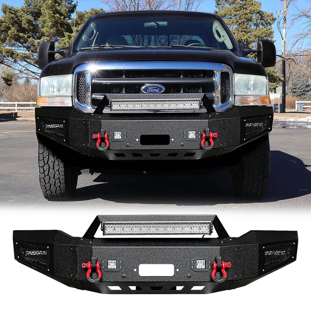 Vijay New Front/Rear Bumper W/Winch Plate&LED Lights For 99-04 Ford F250/F350