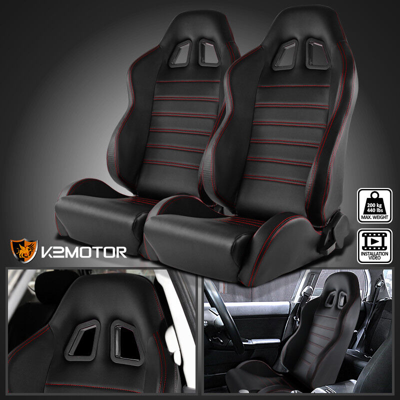 2X JDM PVC Leather BLACK Reclinable Bucket Racing Seats w/Red Stitch Stripes