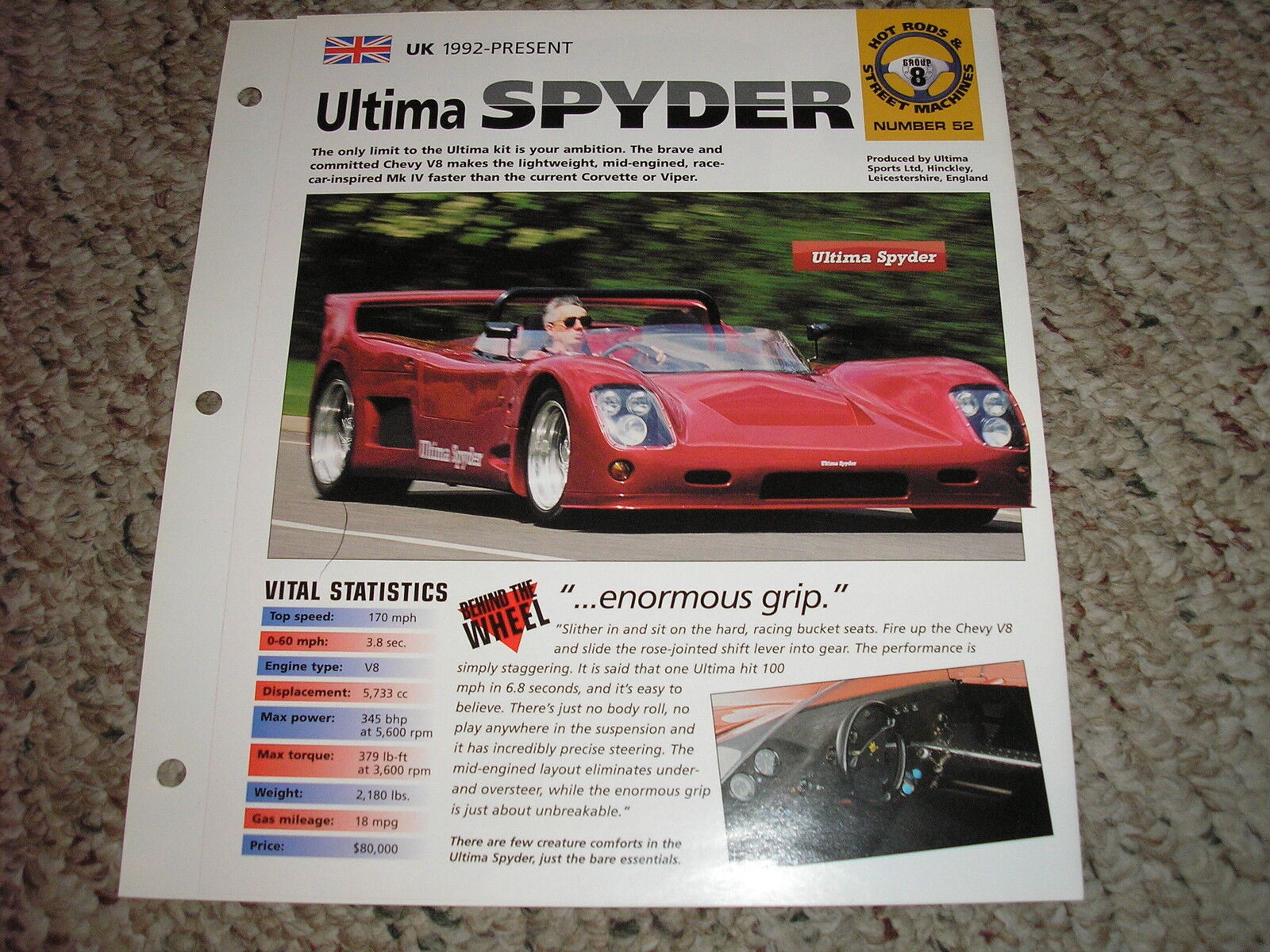 UK 1992-Present Ultima Spyder Hot Cars Group 8 # 52 Spec Sheet Brochure