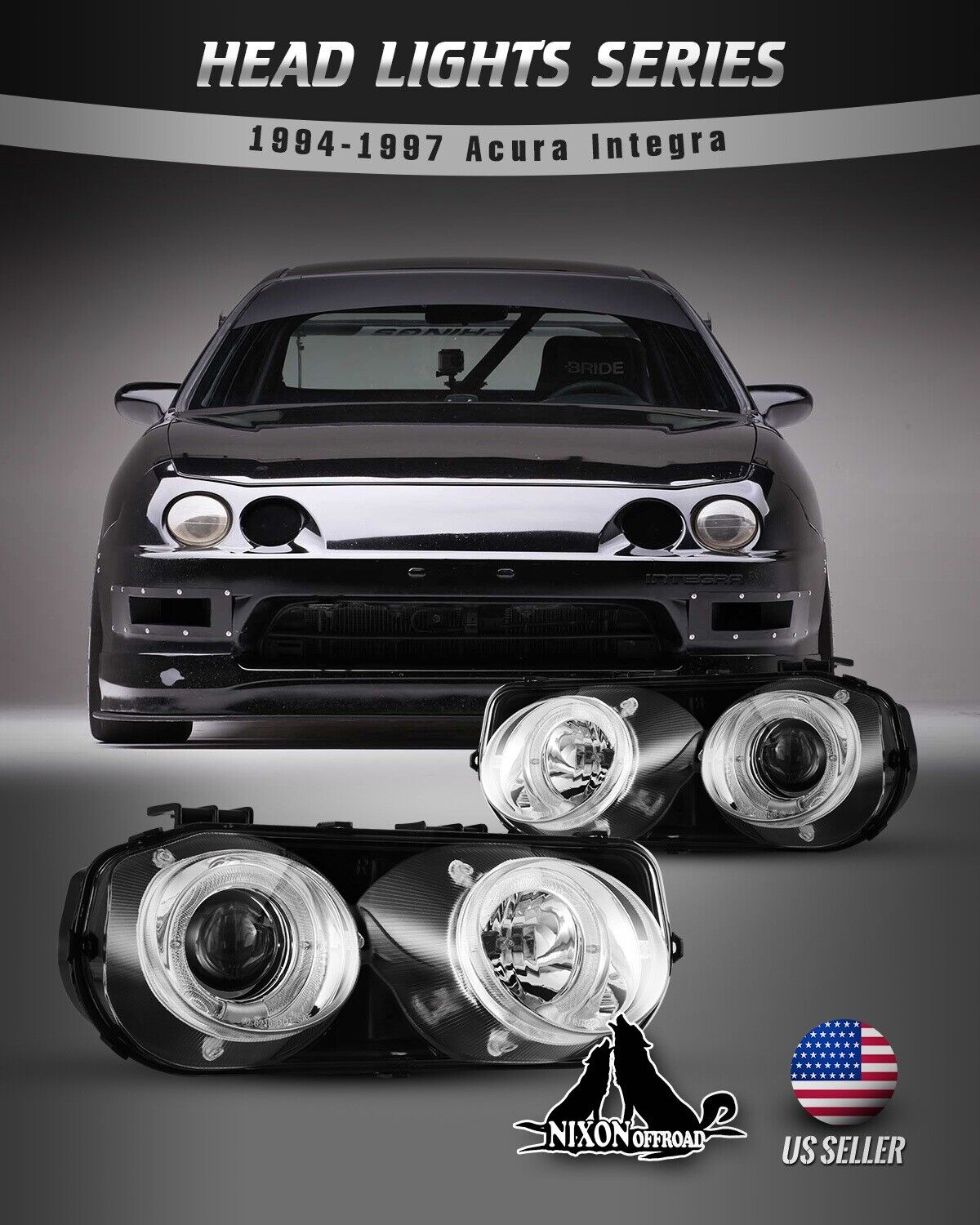 For 94-97 Acura Integra Projector Headlights Halo Front Lamp 1 Pair Chrome Clear