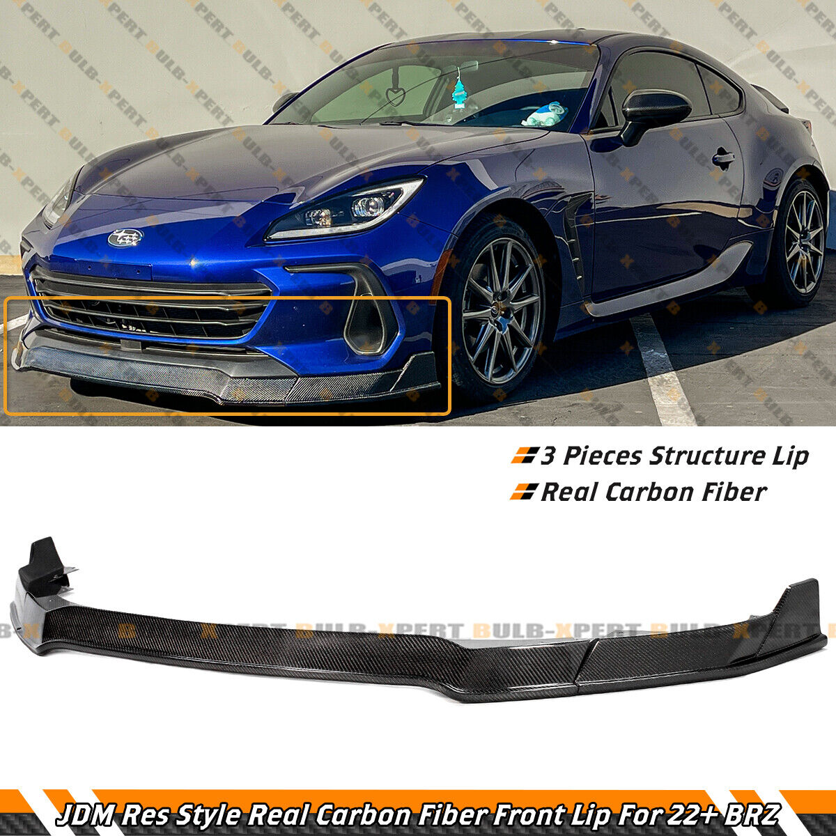 For 2022-23 Subaru BRZ Real Carbon Fiber 3pc RS Style Front Bumper Lip Spoiler