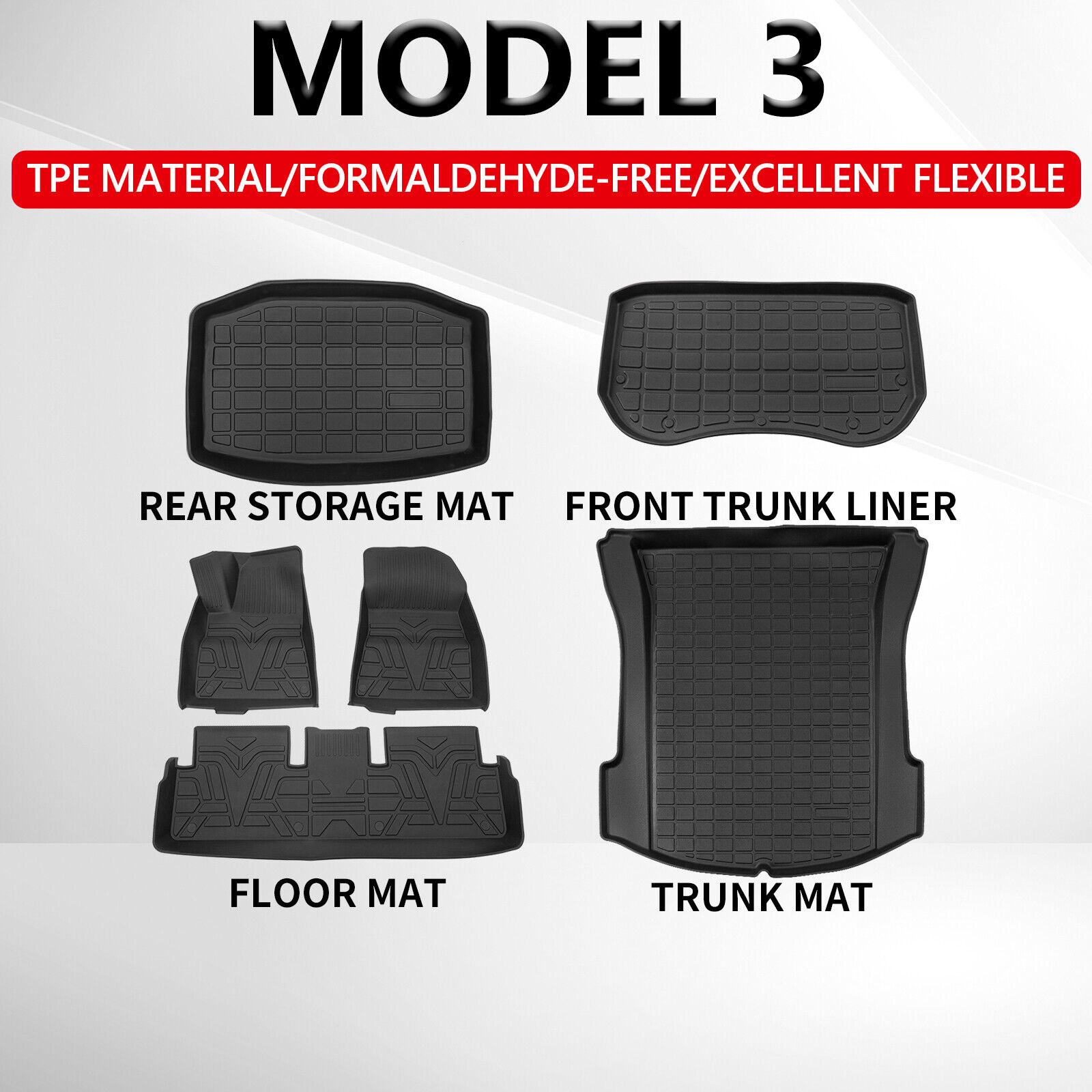 Fit 2021-2023 Tesla Model 3 Floor Mats Cargo Liner Backrest Mat TPE Trunk Liners