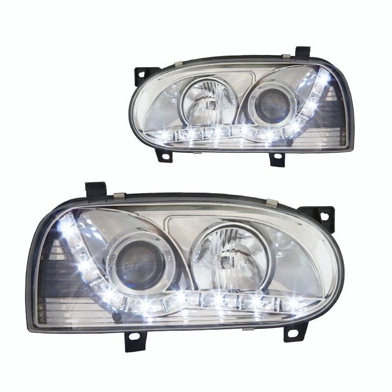 Chrome LED Headlights For 1993-1998 VW Golf 3 MK3 DRL Projector Headlamps Pair