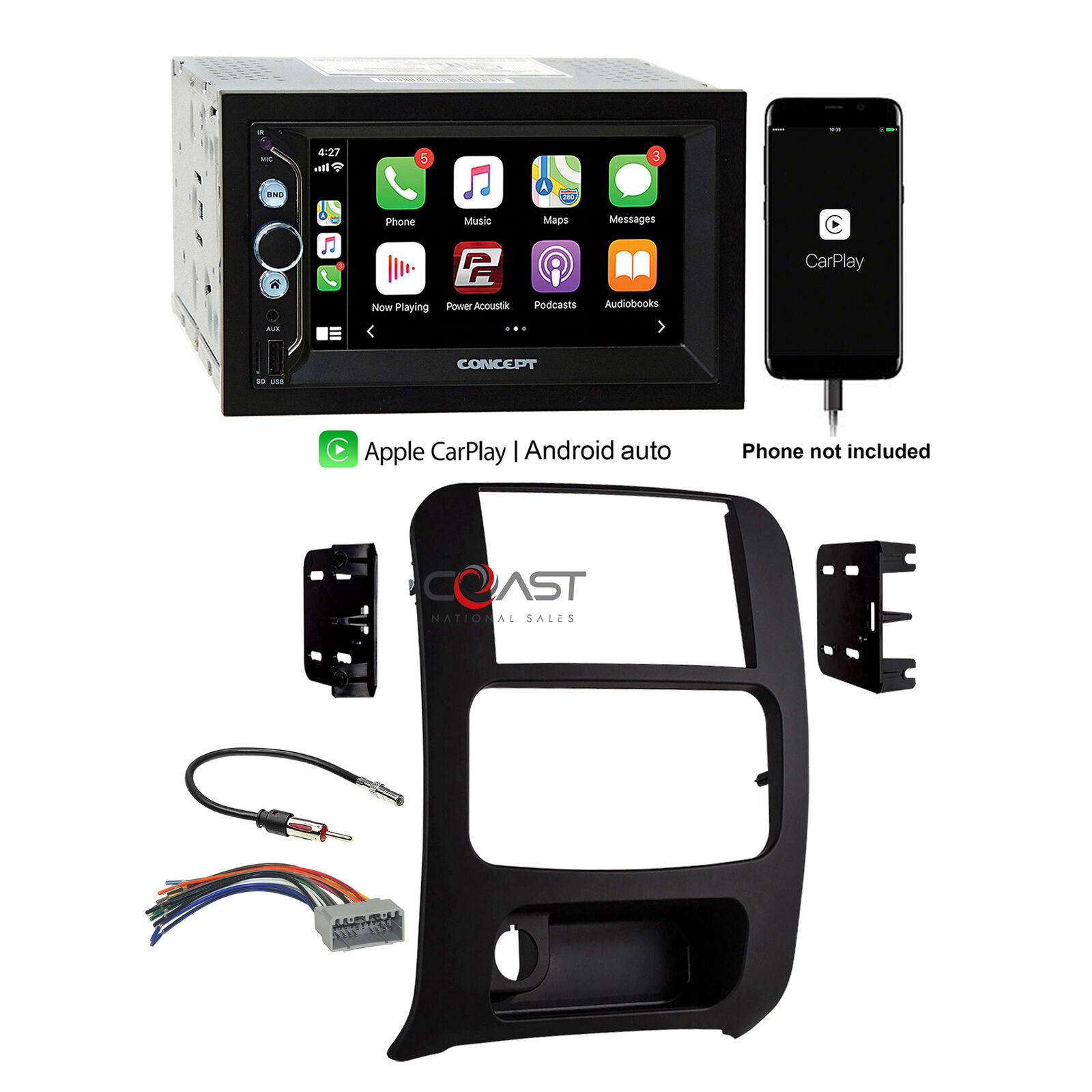 Concept Bluetooth Android Carplay Radio Dash Kit Harness for 02-07 Jeep Liberty 