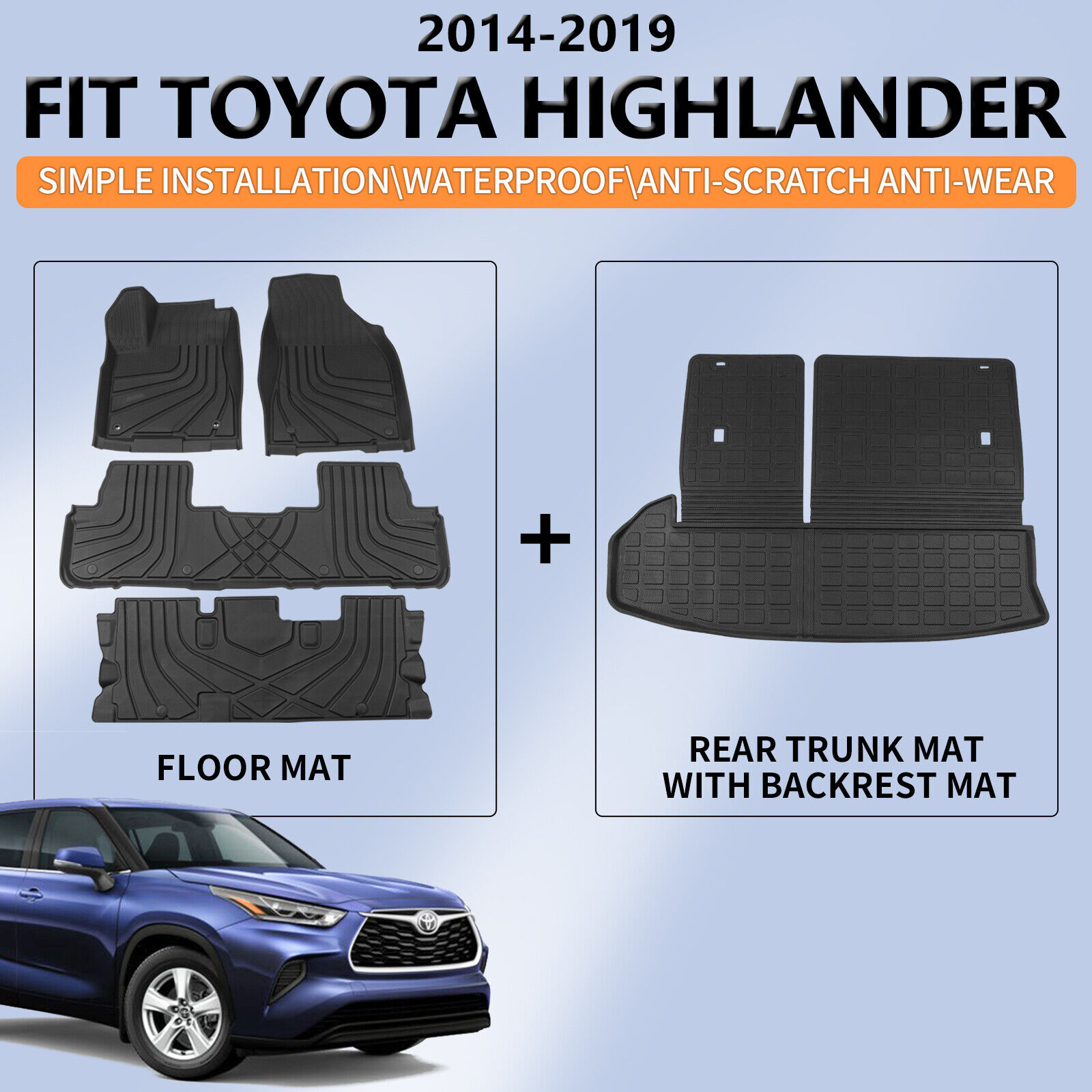 Fit 14-19 Toyota Highlander Trunk Mats Floor Mats Cargo Mat with Backrest Mats
