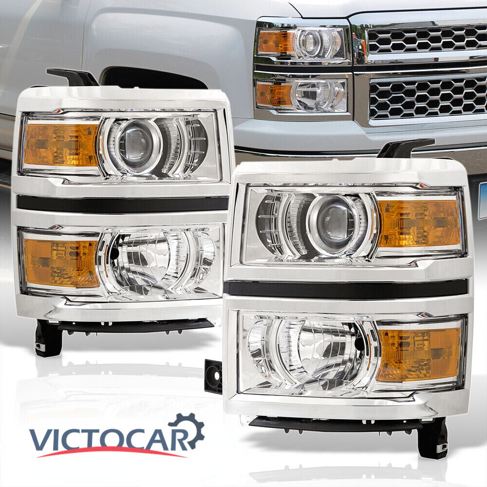 VICTOCAR Headlights Chrome Amber Projector For 14-15 Chevy Silverado 1500 LH RH